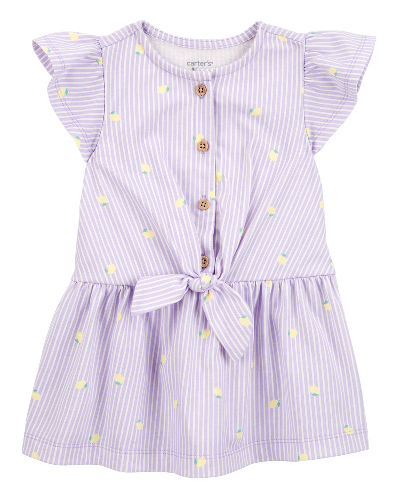 Baby Lemon Print Striped Button-Front Dress, image 1 of 5 slides