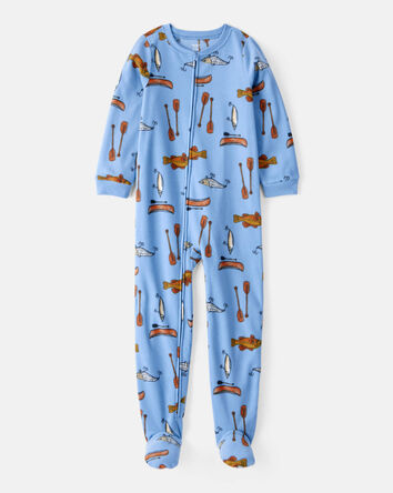 Kid 1-Piece Fishing Print Fleece Footie Pajamas - Blue, 