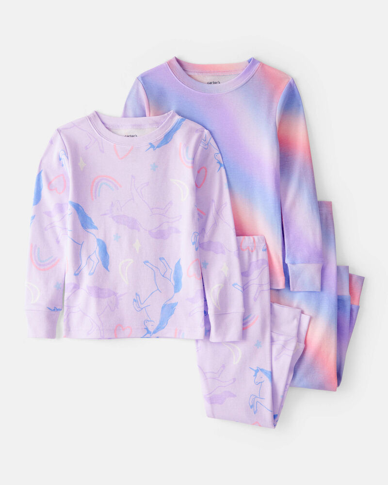 Toddler Girl Unicorn Print 100% Cotton Long-Sleeve 4-Piece Pajamas - Purple, image 1 of 4 slides