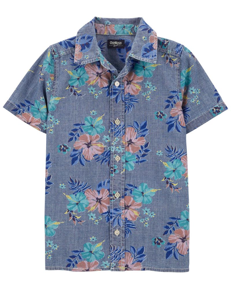 Kid Hawaiian Print Chambray Button-Front Shirt, image 1 of 3 slides