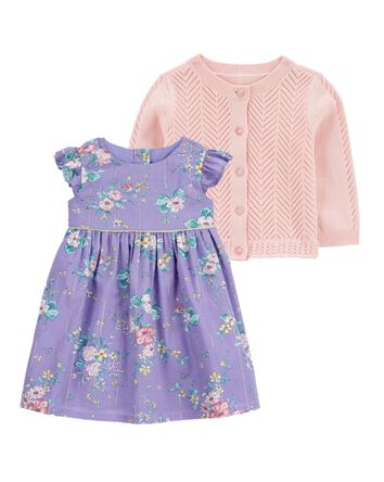Baby 2-Piece Sweater Knit Cardigan & Print Dress Set, 