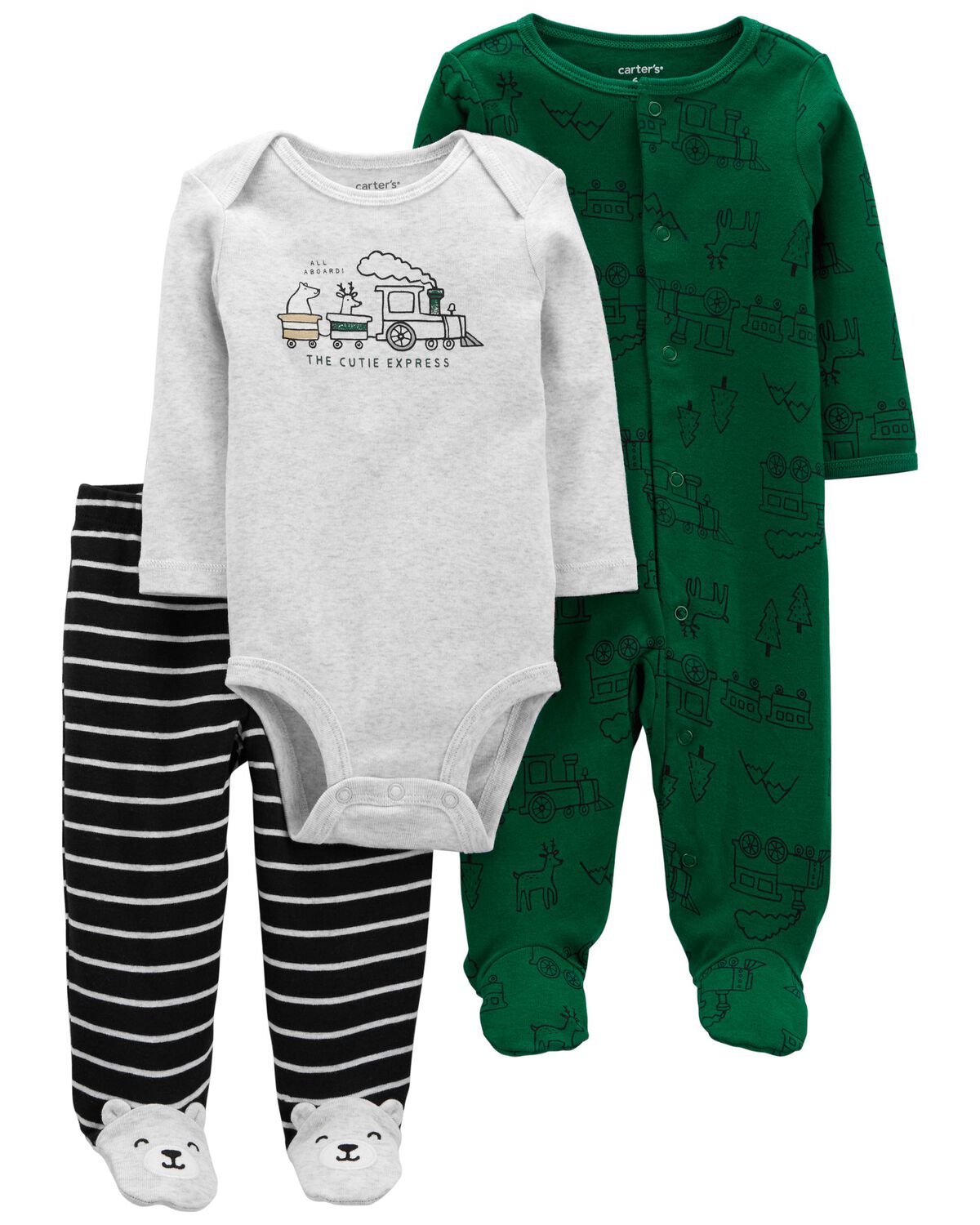 Green/Heather Baby 3Piece Train Bodysuit & Footed Pant Set
