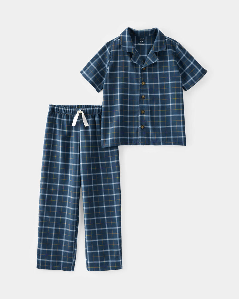 Kid 2-Piece Plaid Loose Fit Coat-Style Pajamas - Navy, image 3 of 4 slides