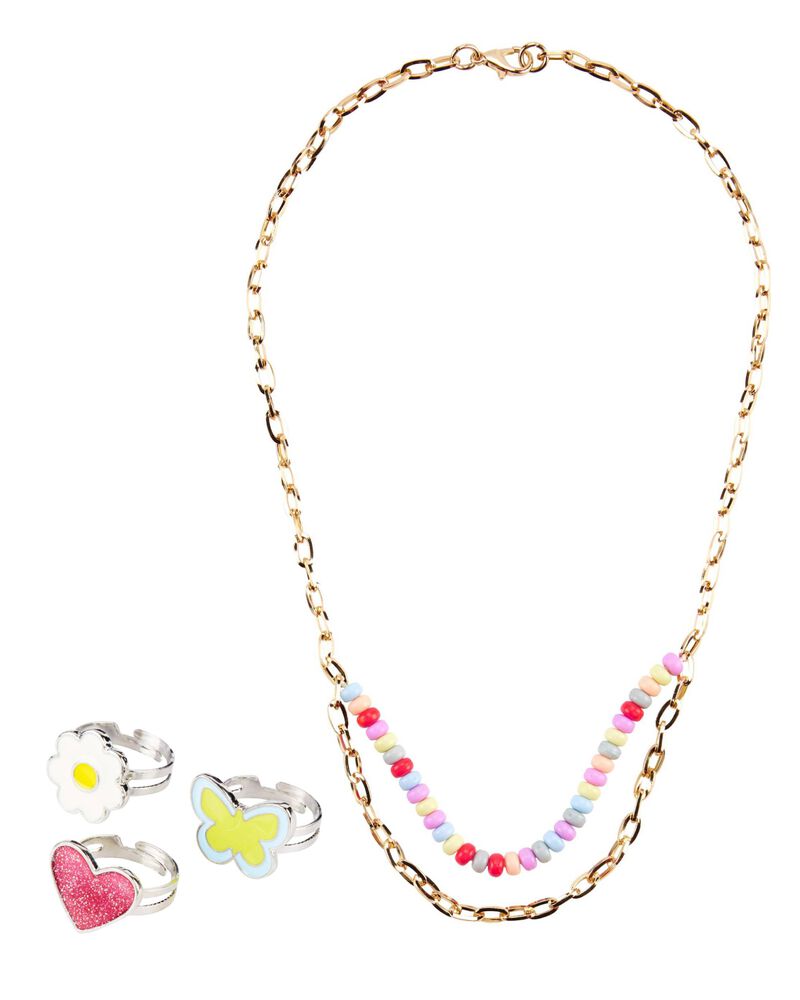 4-Piece Rainbow Necklace & Icon Rings Set, image 1 of 3 slides