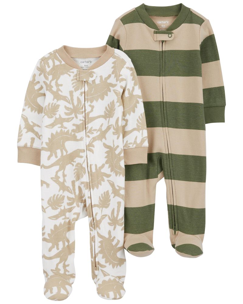 Baby 2-Pack Dino Striped Zip-Up Cotton Sleep & Play Pajamas, image 1 of 5 slides
