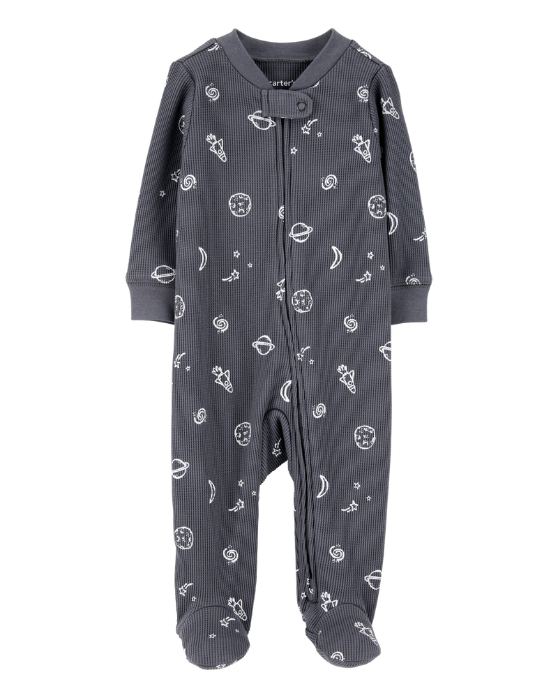 Baby Boy Space Print 2-Way Zip Waffle Knit Sleep & Play - Grey, image 1 of 3 slides