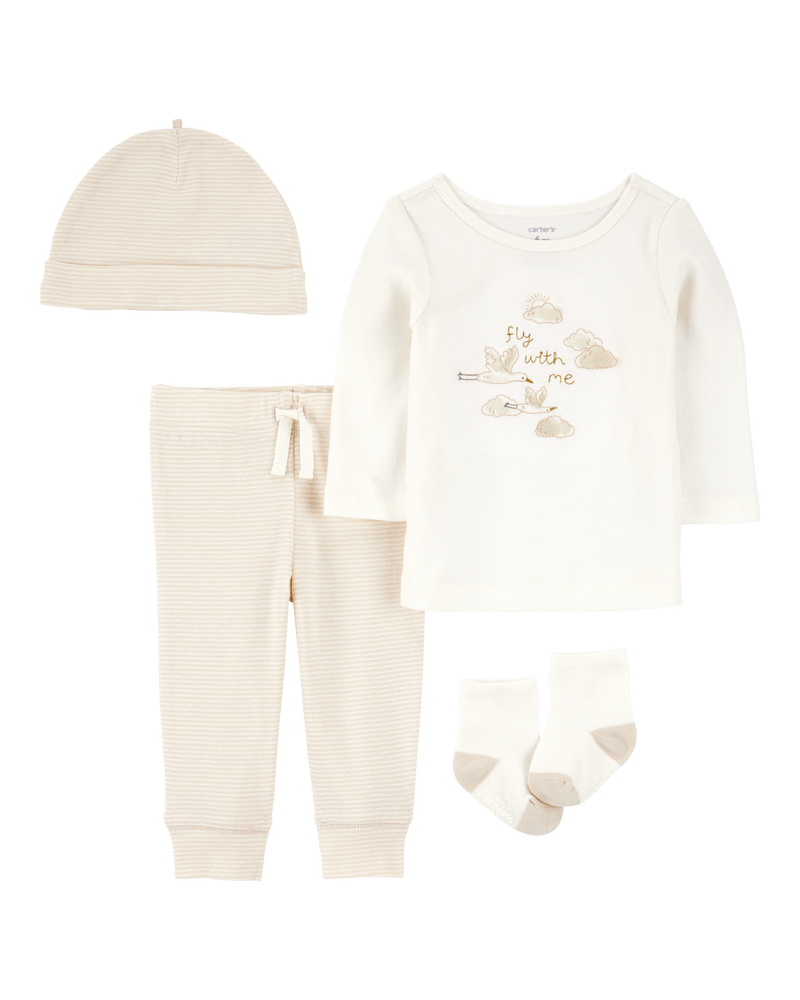 Baby 4-Piece Cloud Print Outfit Set - White/Tan, image 1 of 5 slides