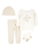 Baby 4-Piece Cloud Print Outfit Set - White/Tan, image 1 of 5 slides