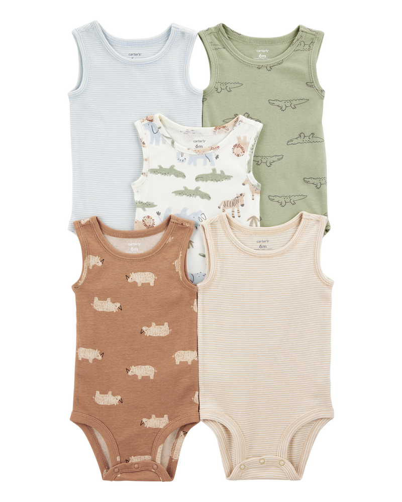 Baby 5-Pack Animals Sleeveless Bodysuits, image 1 of 7 slides