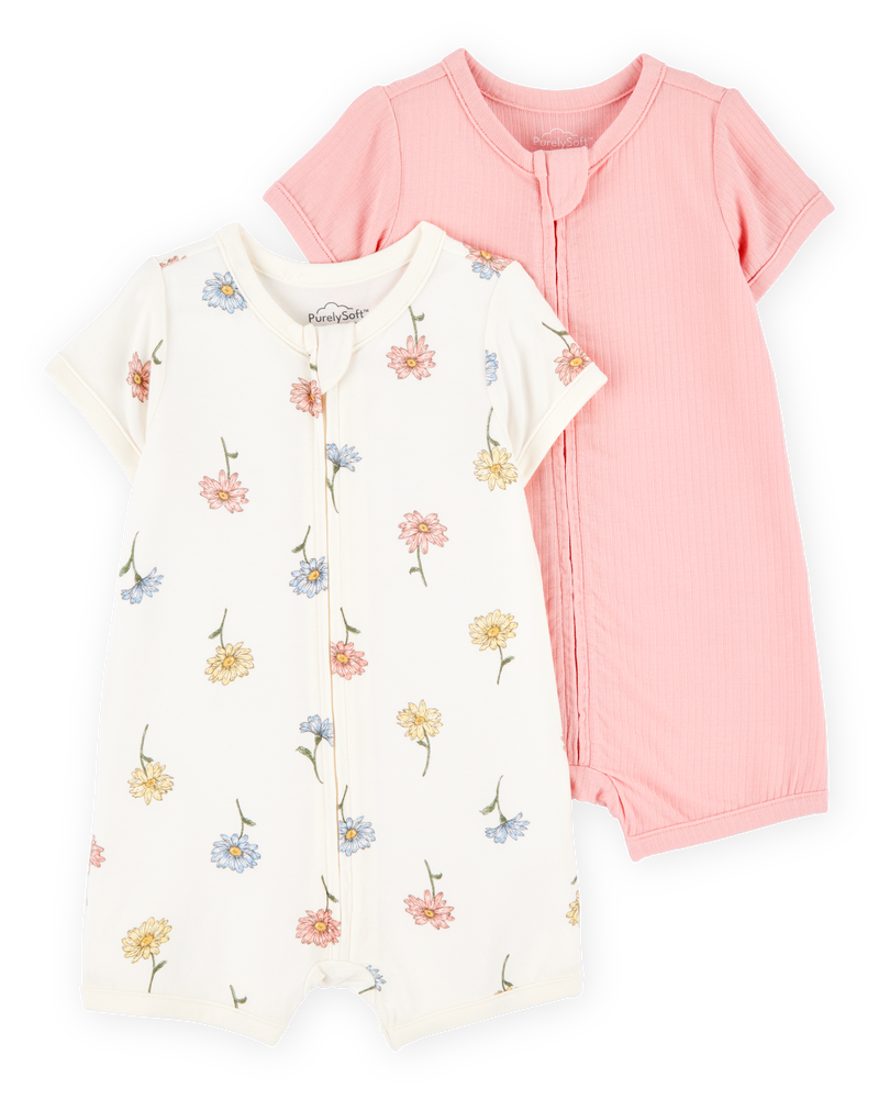 Baby Girl 2-Pack PurelySoft Zip-Up Rompers- Pink/Floral, image 1 of 6 slides
