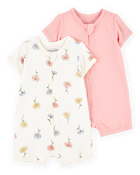 Baby Girl 2-Pack PurelySoft Zip-Up Rompers- Pink/Floral, image 1 of 6 slides