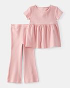 Toddler 2-Piece Ribbed Tee & Pull-On Pant Set - Pink, image 1 of 3 slides