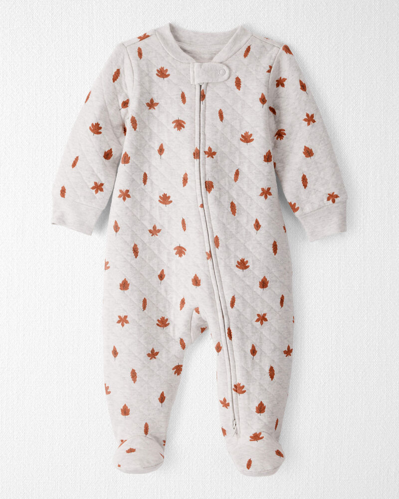 Baby Quilted Sleep & Play Pajamas Made with Organic Cotton in Leaves Print , image 1 of 2 slides