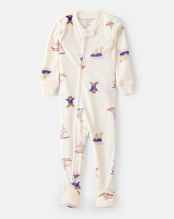 Toddler Girl Snow Animals Loose Fit Long-Sleeve 2-Way Zip 1-Piece Pajamas - Ivory, 