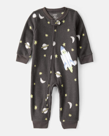 Toddler Boy Spaceship Star Print Fleece Long-Sleeve Loose Fit 1-Piece Pajamas-Grey, 