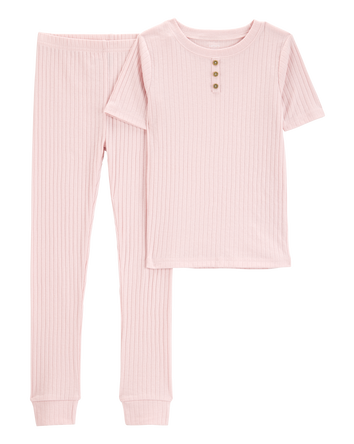 Kid Solid Ribbed Cotton Blend 2-Piece Pajamas - Pink, 
