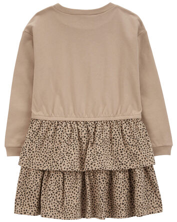 Kid Leopard Ruffle Long-Sleeve Dress, 