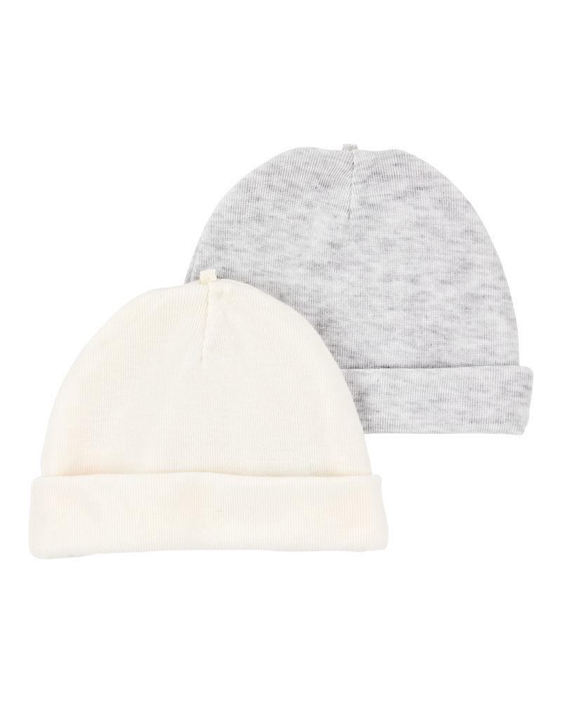 Baby 2-Pack Caps - Grey/Ivory, image 1 of 2 slides