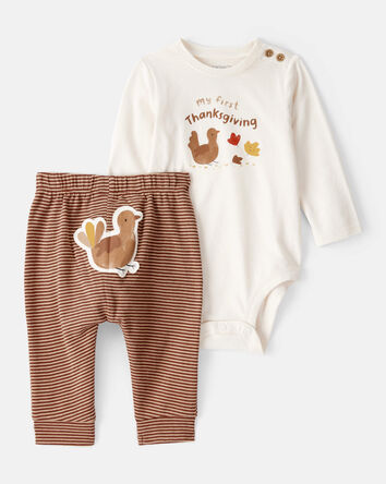 Baby My First Thanksgiving Cotton Long-Sleeve Tee & Pant Set - Brown/Cream, 