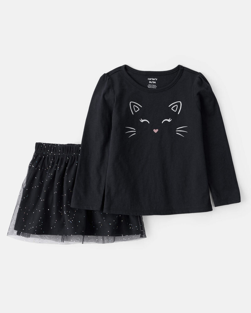 Toddler 2-Piece Halloween Cat Tee & Tulle Skirt Set - Black, image 1 of 6 slides
