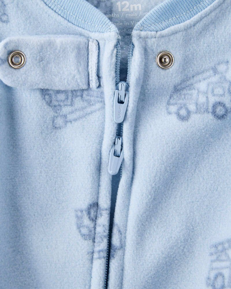Toddler Boy Firetruck Print Loose Fit Long-Sleeve 2-Way Zip Pajamas - Blue, image 3 of 4 slides