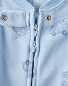 Toddler Boy Firetruck Print Loose Fit Long-Sleeve 2-Way Zip Pajamas - Blue, image 3 of 4 slides