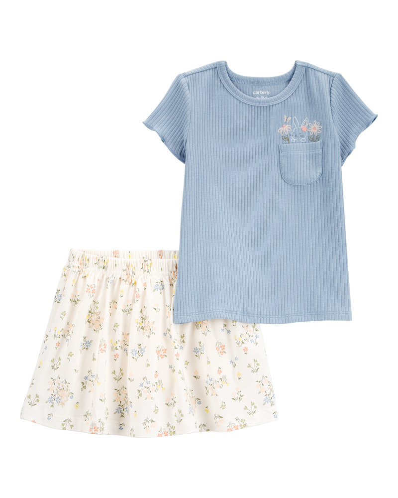 Toddler Girl 2-Piece Bunny Floral Skort Outfit Set - Blue/Ivory, image 1 of 4 slides