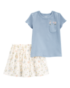 Toddler Girl 2-Piece Bunny Floral Skort Outfit Set - Blue/Ivory, image 1 of 4 slides