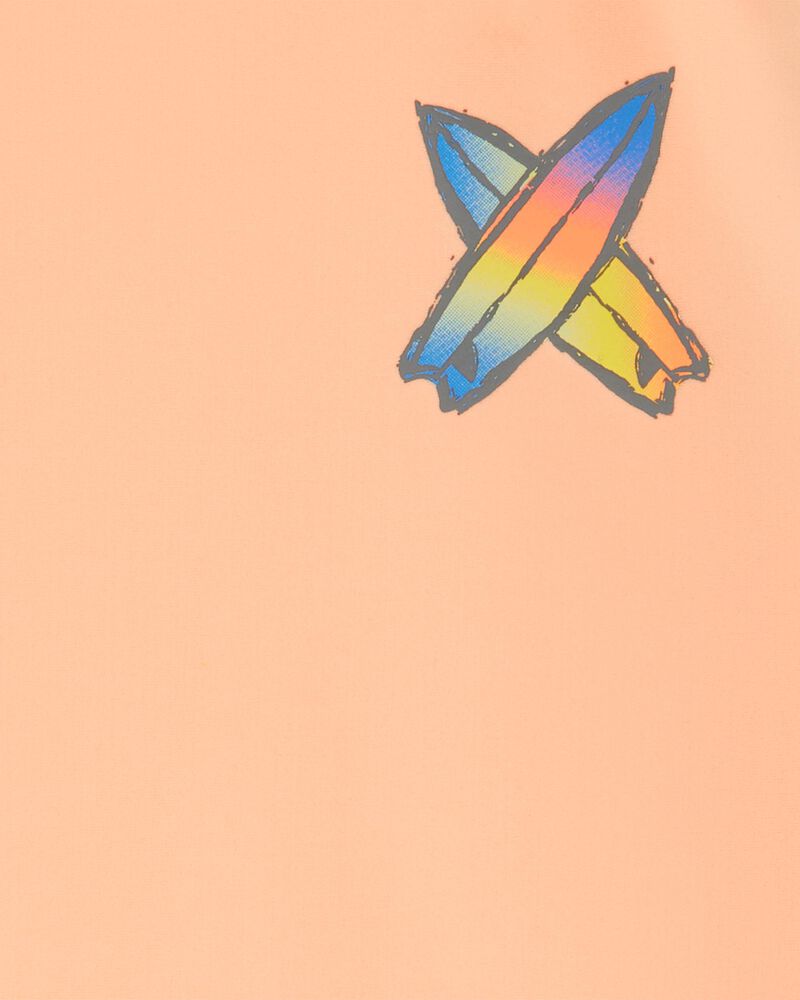 Kid 2-Piece Tropical Print Short-Sleeve Rashguard & Swim Trunks Set - Oragne/Grey, image 3 of 7 slides