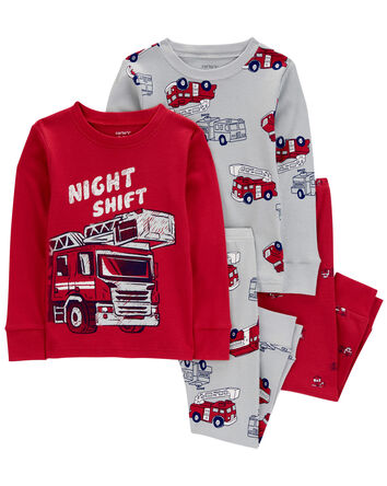 Toddler 4-Piece Firetruck 100% Snug Fit Cotton Pajamas, 