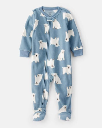 Baby Boy Polar Bear Print Loose Fit Long-Sleeve 2-Way Zip 1-Piece Pajamas - Blue, 