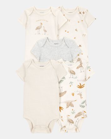 Baby 5-Pack Striped Birds Short-Sleeve Cotton Bodysuits - Ivory, 