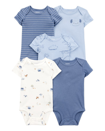 Baby Boy 5-Pack Dog Short-Sleeve Cotton Bodysuits - Blue, 