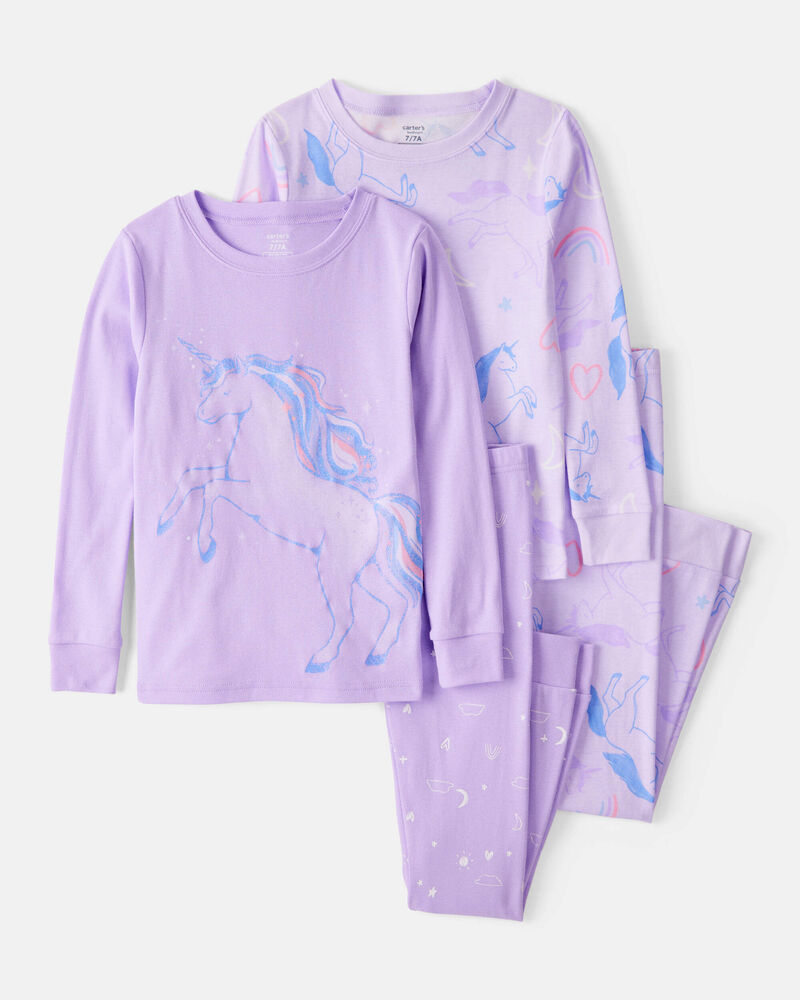 Girls Unicorn Print 100% Cotton Long-Sleeve 4-Piece Pajamas - Purple, image 1 of 5 slides