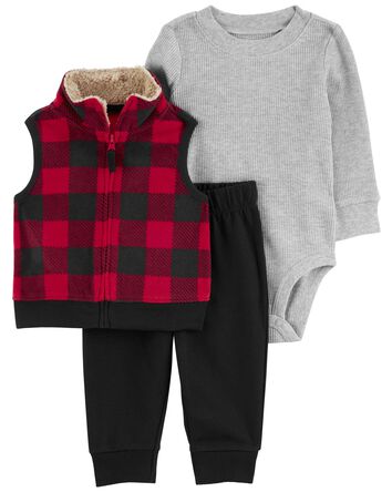 3-Piece Buffalo Check Fleece Little Vest Set, 