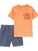 Orange/Navy - Toddler 2-Piece Construction Tee & Denim Short Set