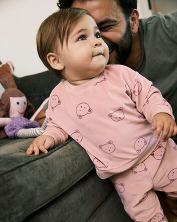 Baby Girl 2-Piece Bear Print Velour Sweatshirt & Jogger Set - Pink, 