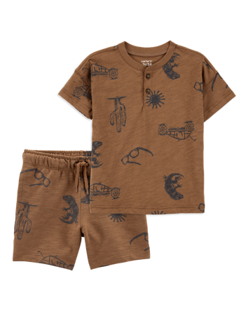 Toddler 2-Piece Desert Print Henley & Pull-On Shorts Set - Brown, 