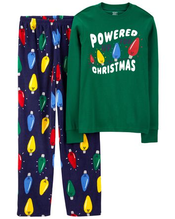 Adult 2-Piece Christmas Lights Cotton & Velboa Pajamas, 