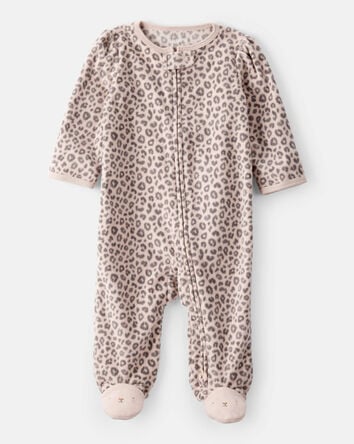 Baby Girl Leopard Print Loose Fit Long-Sleeve Sleep & Play Pajamas - Cream/Brown, 