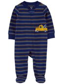 Navy - Baby Striped Truck 2-Way Zip Cotton Sleep & Play Pajamas