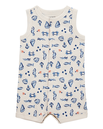 Baby Sea Print Snap-Up Cotton Romper, 