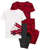 Toddler 4-Piece Firetruck 100% Snug Fit Cotton Pajamas, image 1 of 4 slides