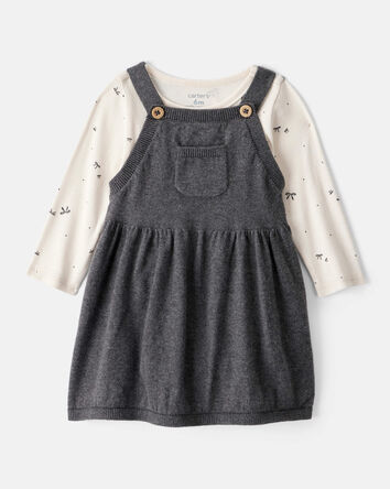 Baby Girl Bow Print Cotton Long-Sleeve Dress Set - Grey, 