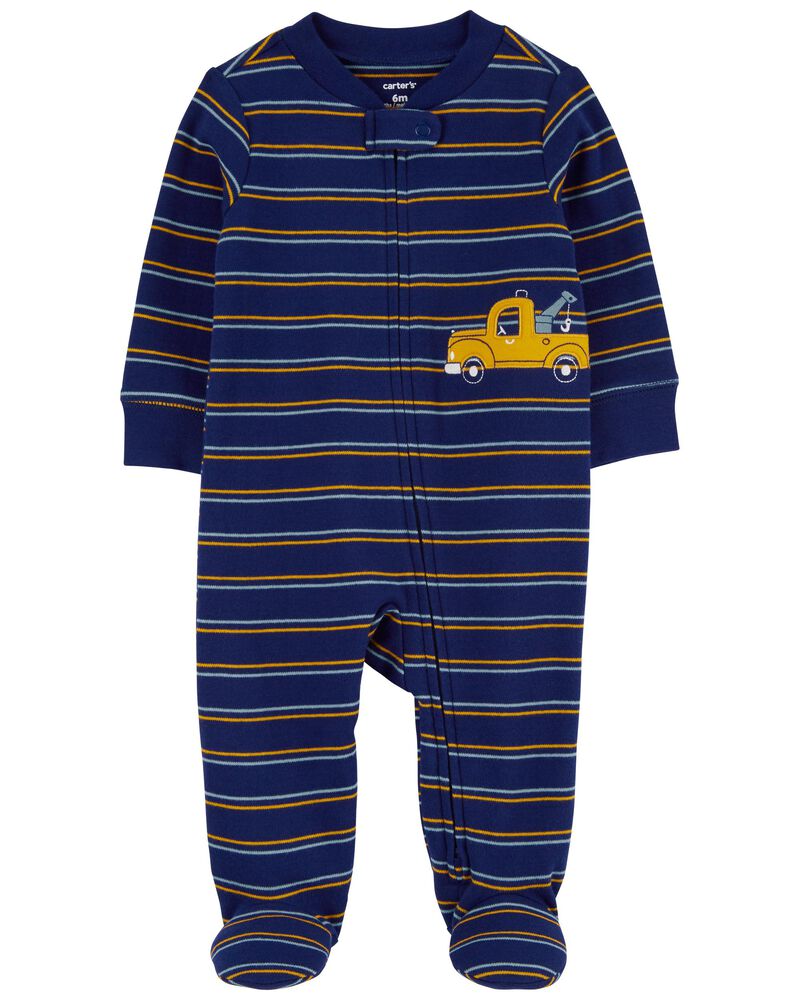 Baby Striped Truck 2-Way Zip Cotton Sleep & Play Pajamas, image 1 of 4 slides