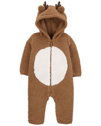 Baby Reindeer Hooded Sherpa Jumpsuit, 