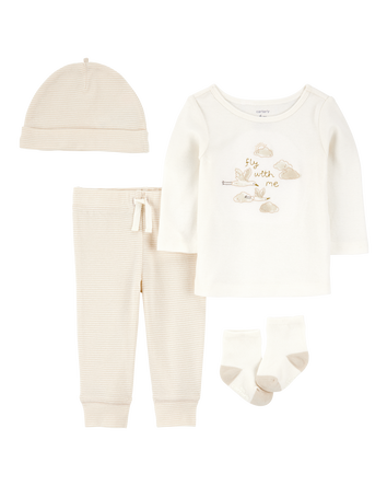Baby 4-Piece Cloud Print Outfit Set - White/Tan, 