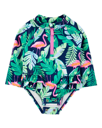 Baby Girl 1-Piece Tropical Flamingo Long-Sleeve Rashguard Swimsuit, 