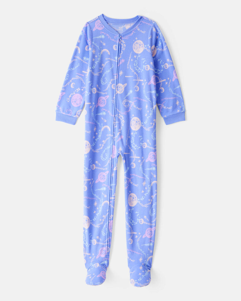 Girls Space Print Loose Fit Long-Sleeve Zip-Up 1-Piece Pajamas - Blue, image 1 of 3 slides