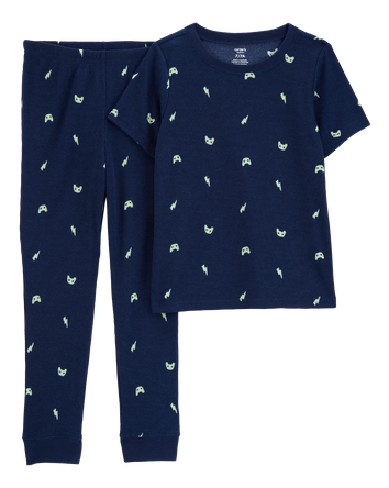 Boys Gamer Print Loose Fit Waffle Knit 2-Piece Pajamas - Navy, 